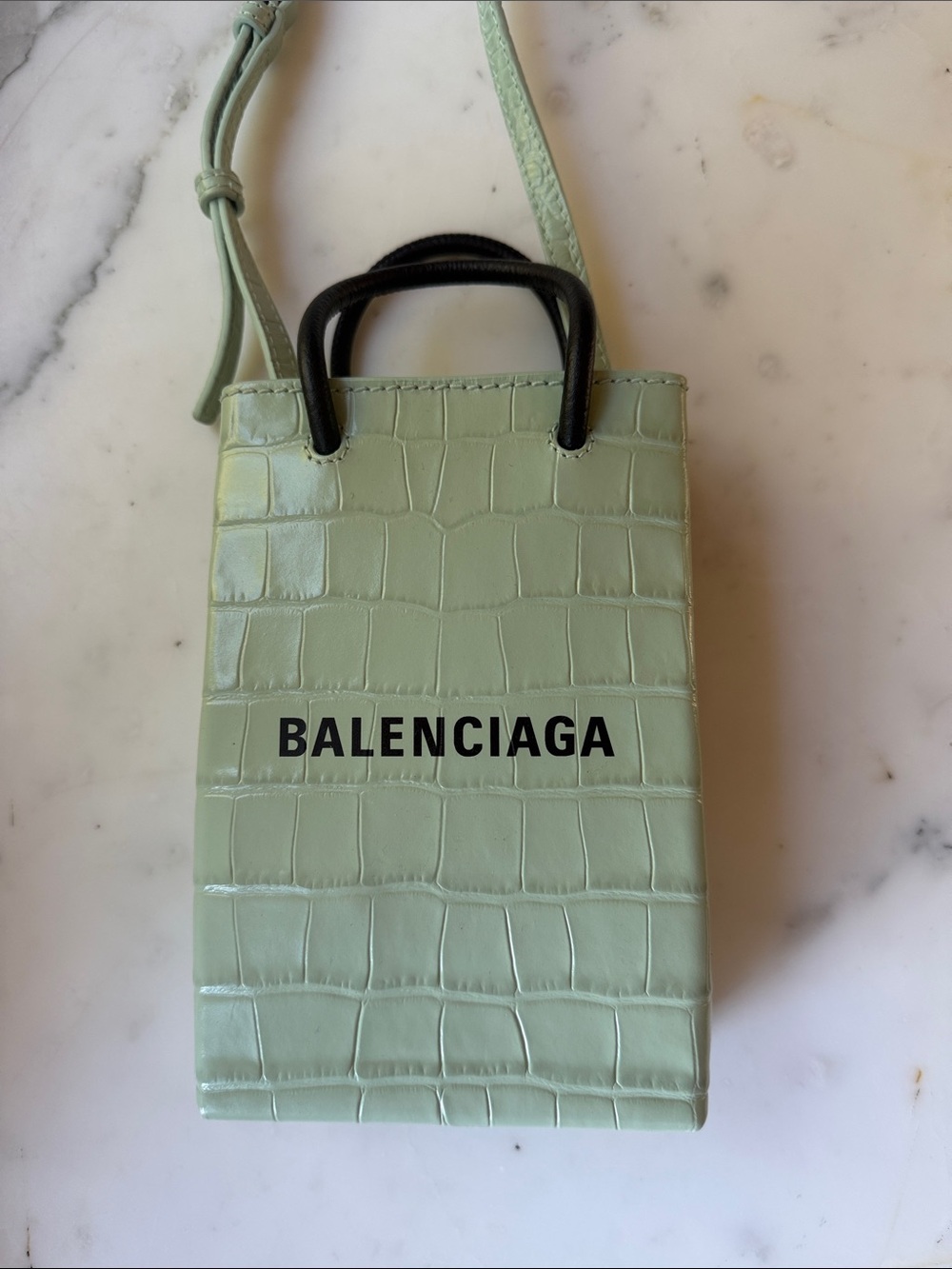 Balenciaga Mint Green Croc-Embossed Mini Tote Phone Bag